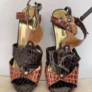 Vintage Y2K Crocodile Heels – Multi-Tone Brown Kitten Heels